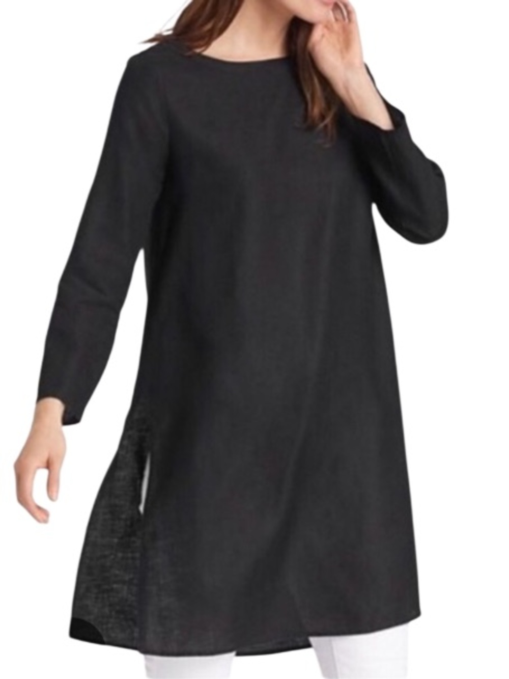Eileen Fisher Black Handkerchief Linen Tunic Top, Boat Neck Size Large EUC